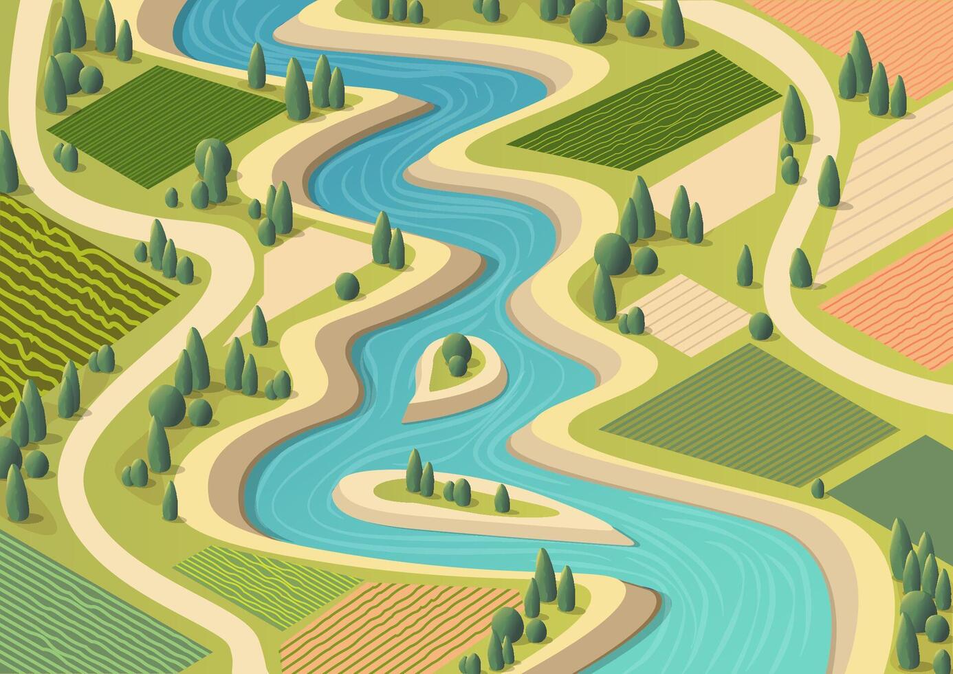 Isometric river with trees and rice field vector