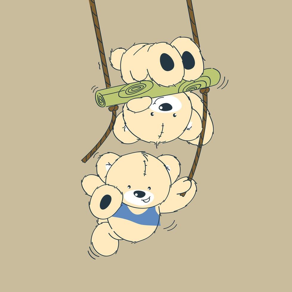 Teddy Bear Swinging with Bamboo Roll vector