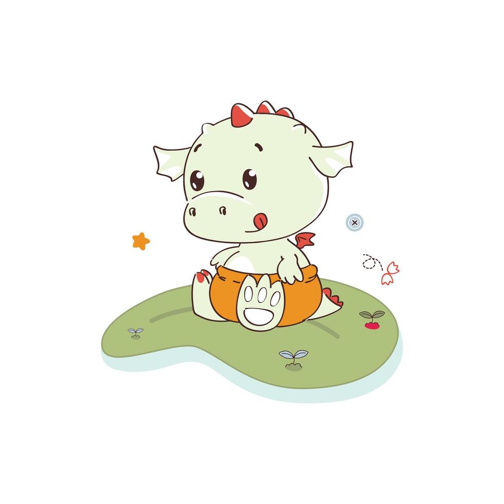 Adorable Baby Dinosaur Sitting on Grass vector