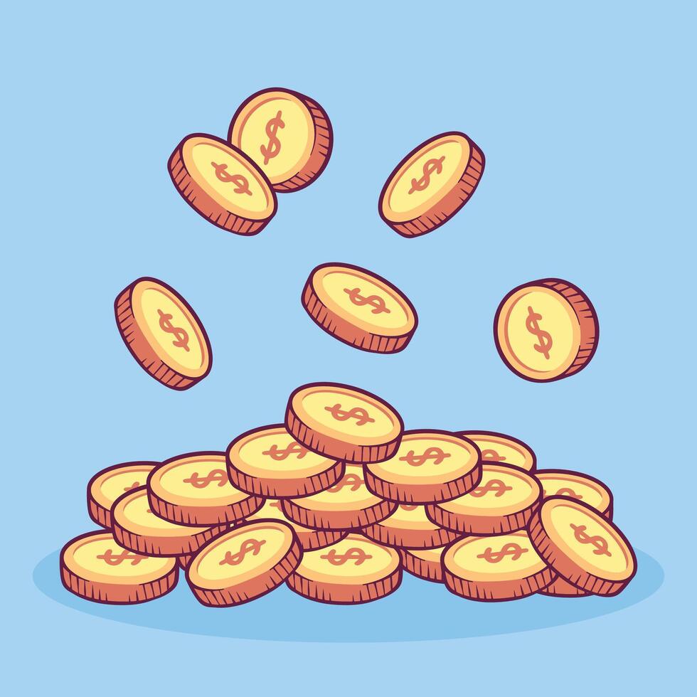 Coins stack hand drawn illustration golden penny cash pile vector