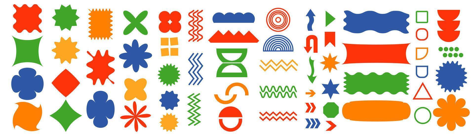 abstract geometric Brutalist set multicolored shapes and grids.Brutal contemporary figure star oval spiral flower and other primitive elements. Swiss design aesthetic. Bauhaus memphis design. vector