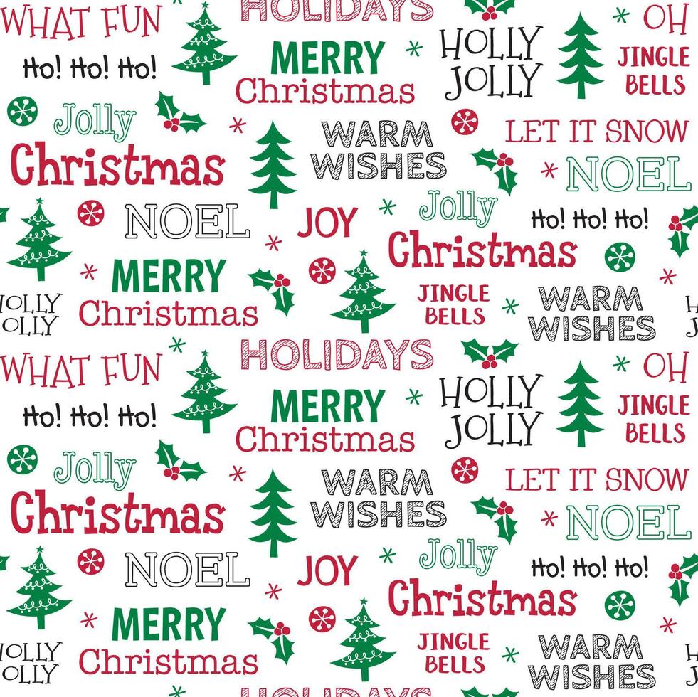 Seamless Christmas Texts With Tree And Holly Leaves vector