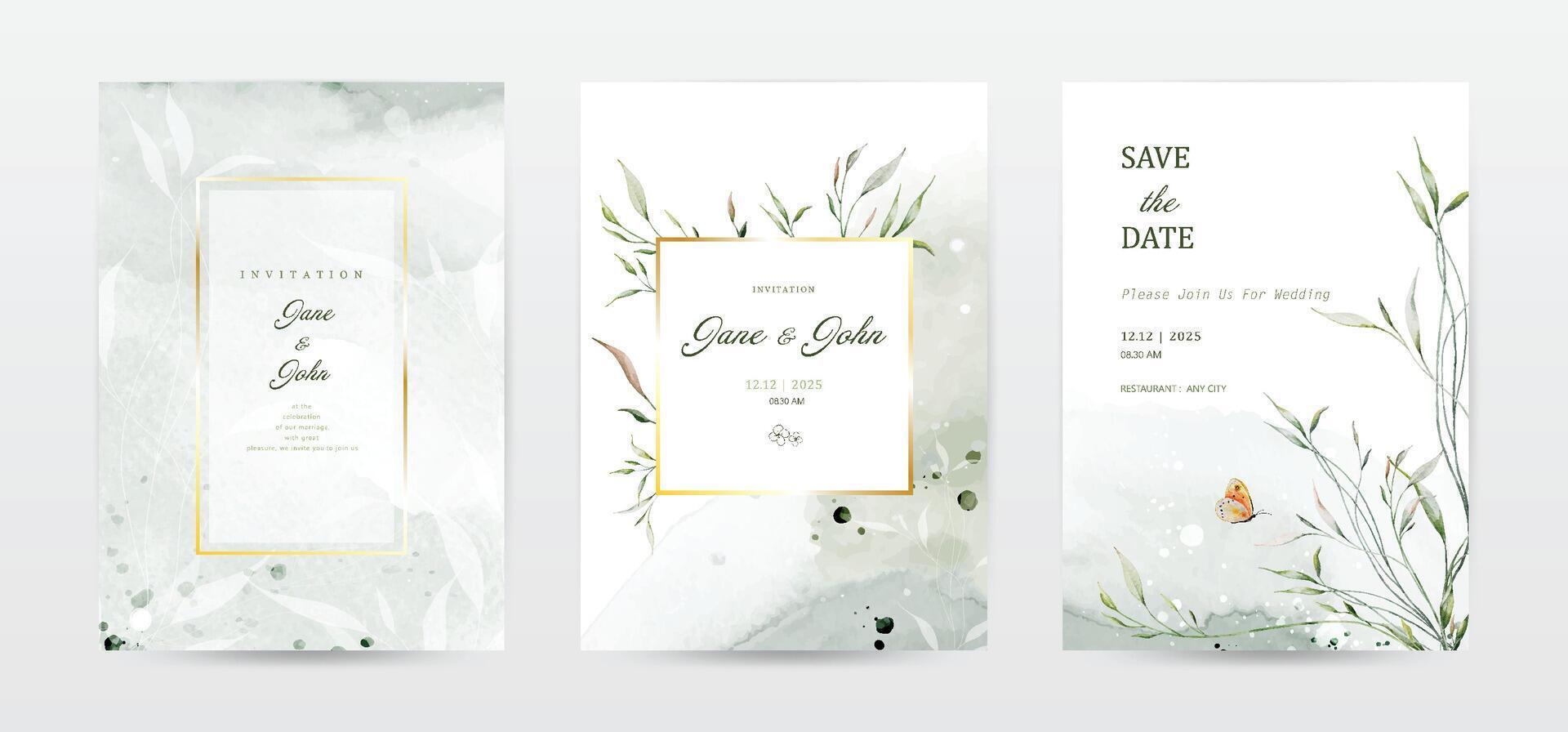 Set of watercolor leaves wedding invitation template cards vector