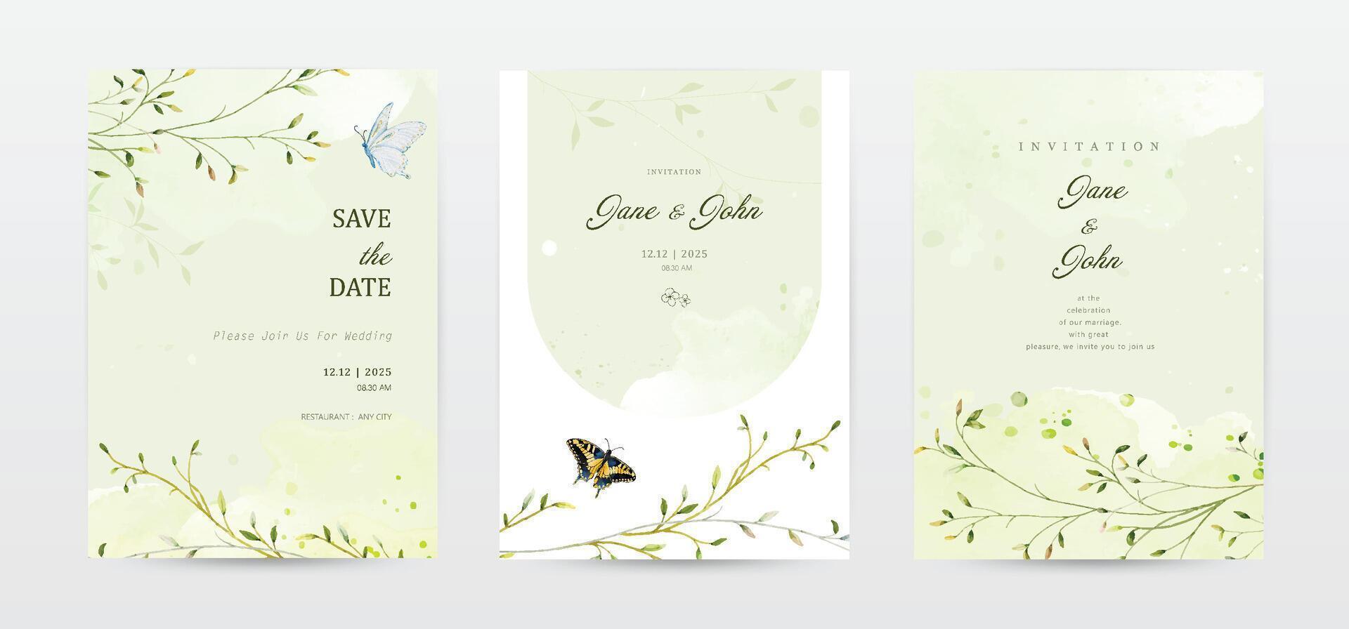 Set of watercolor leaves wedding invitation template cards vector