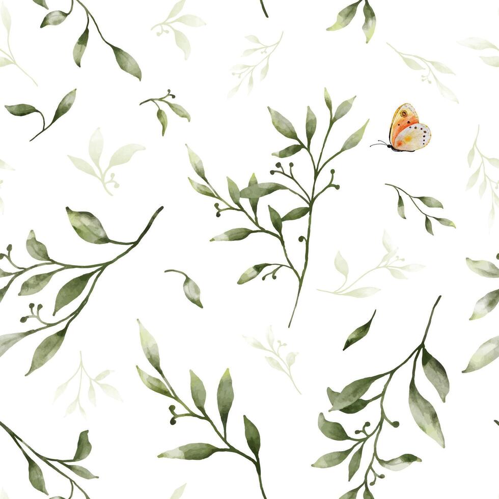 Watercolor leaves, butterflies and stains seamless pattern background design vector