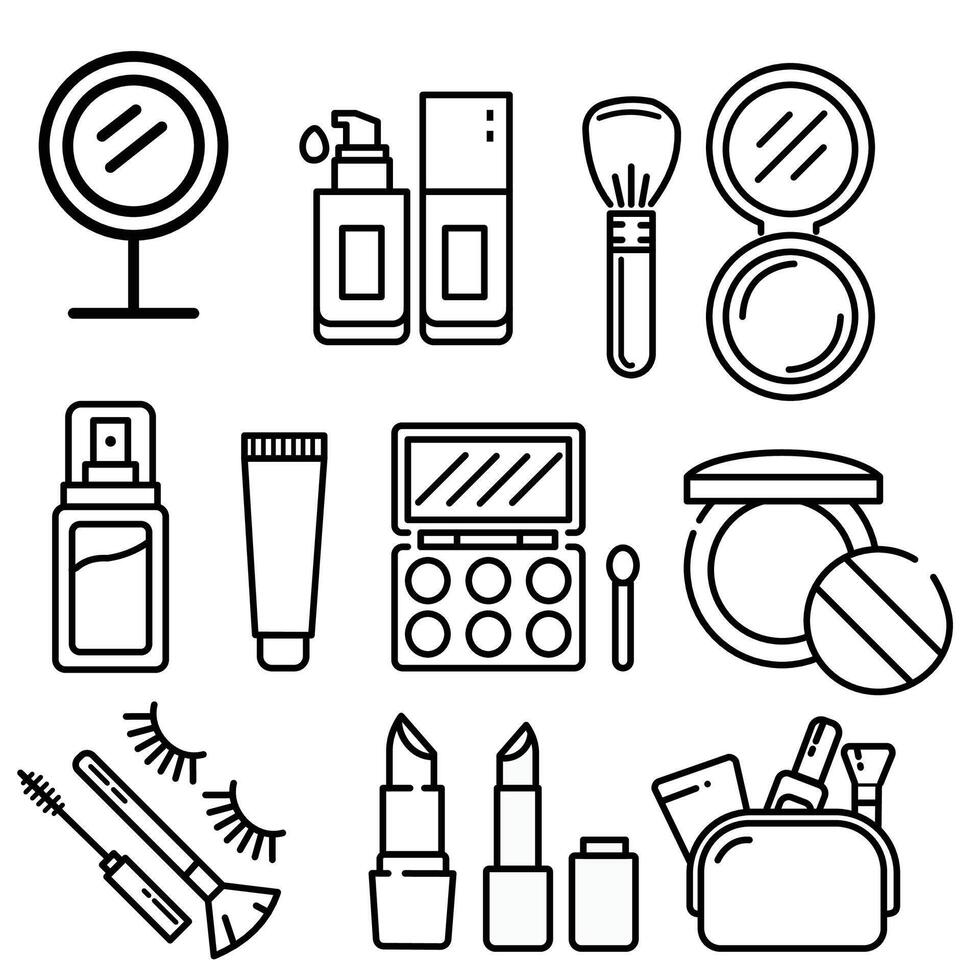 cosmetic or makeup icon set, containing mirror, setting spray, blush on, blush brush, eye shadow, pressed powder, false eyelashes, lip mate, lipstick, makeup pouch, black line white background vector