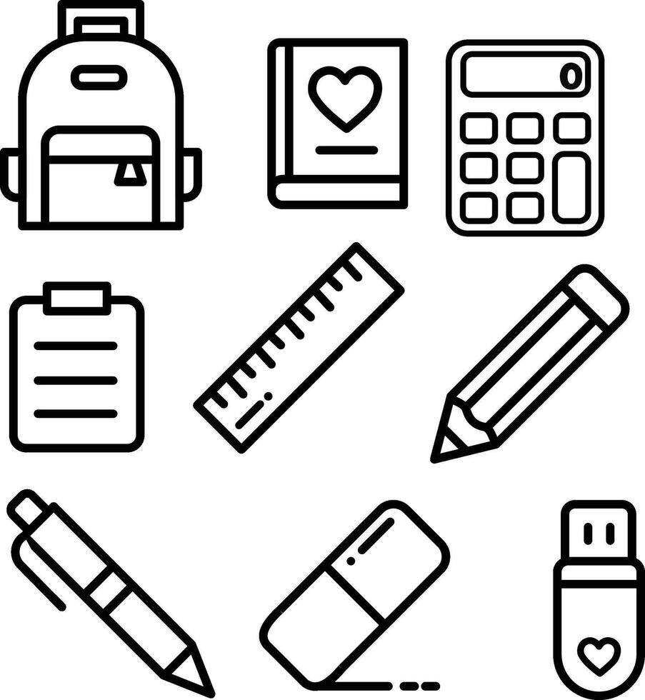 cute school or office icons, stationary, bag, pen, pencil, rule, eraser, report, calculator, book, flash disk, study accessories, outline design black and white backround vector