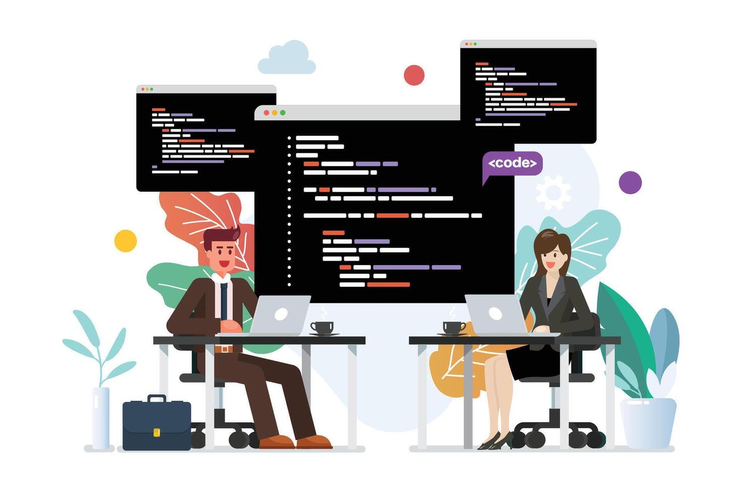 Man and woman programmer writing code on laptop together vector