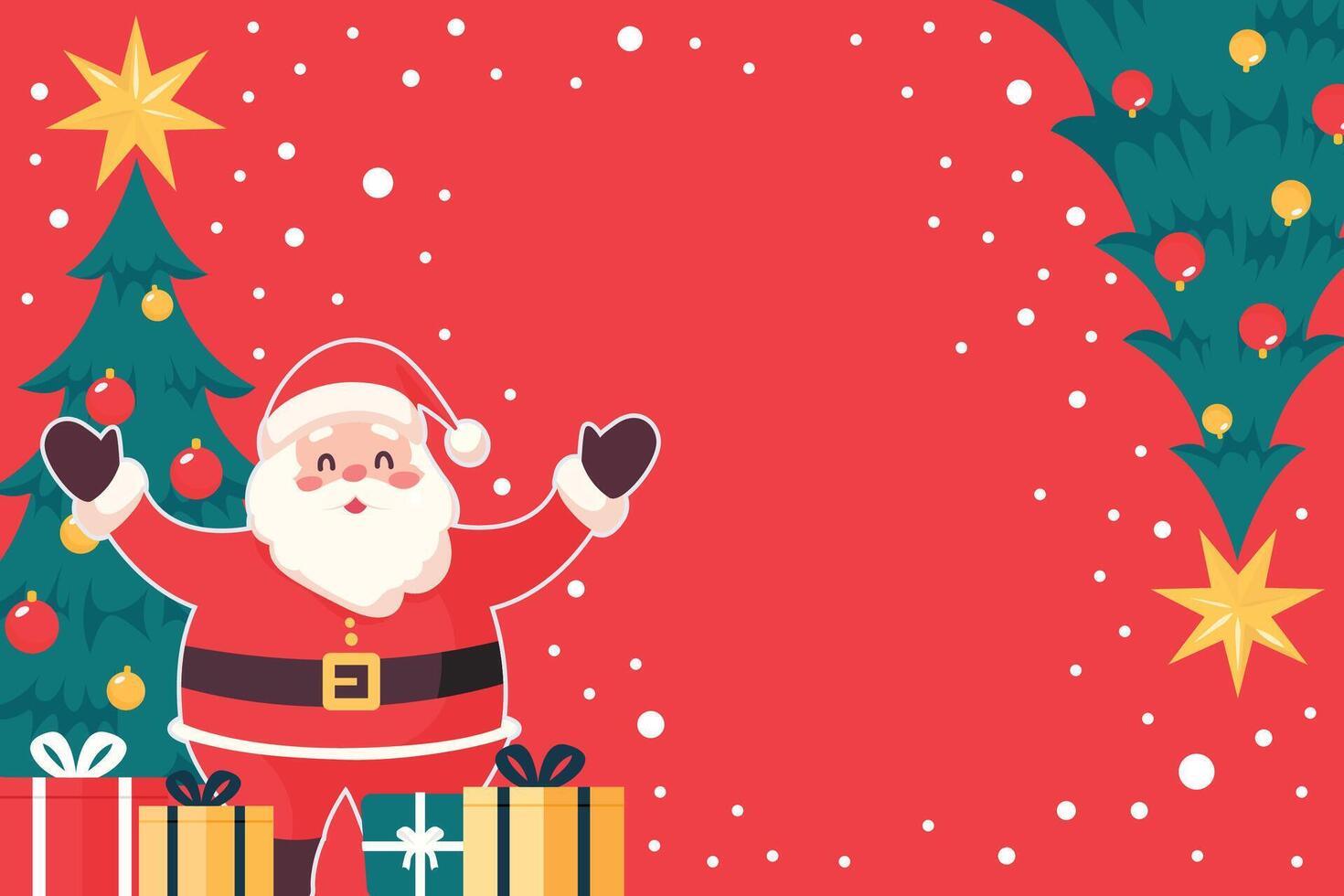 Happy Santa claus standing with gift boxes and christmas tree greeting poster vector