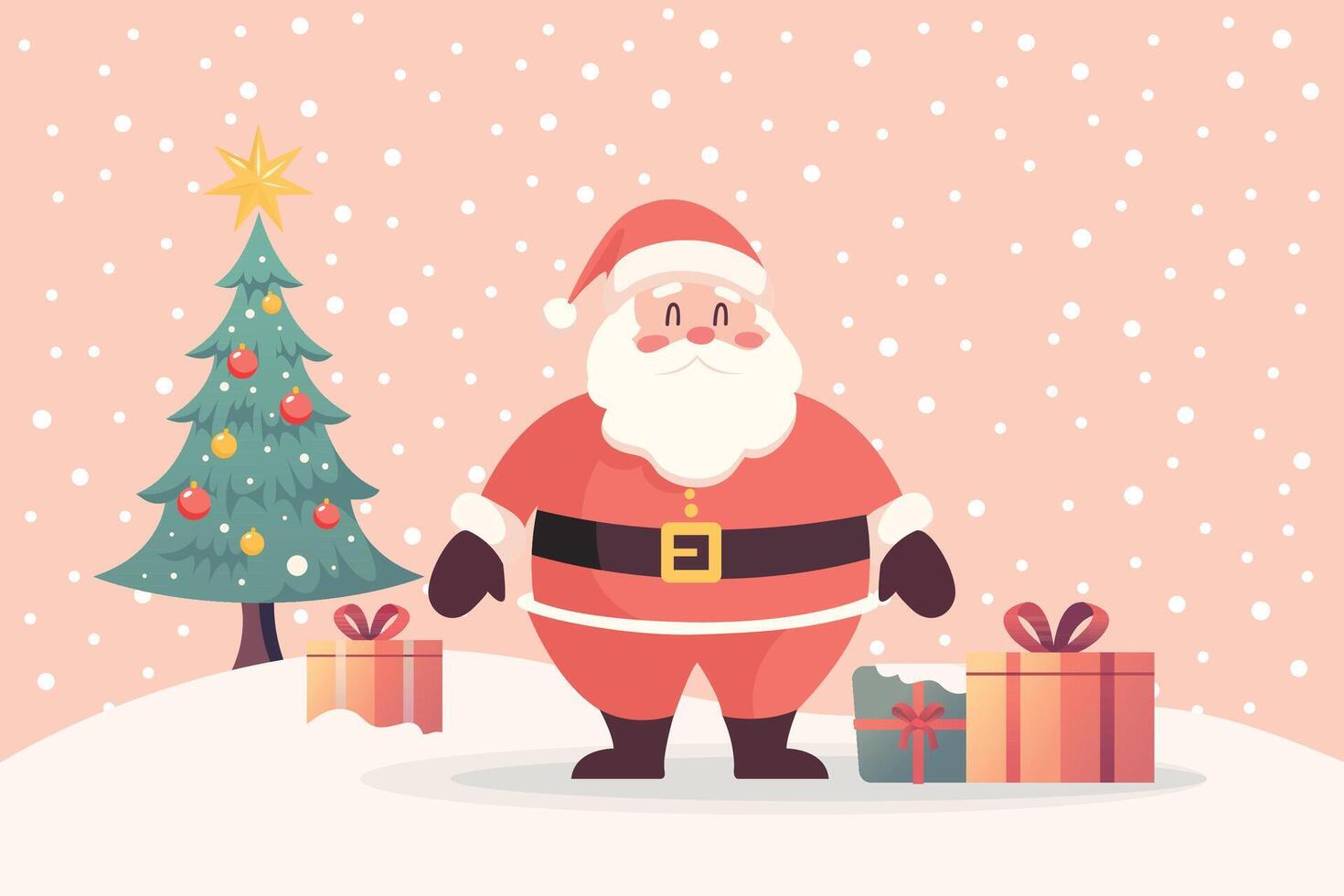 Santa claus standing in snow ground with gift boxes and christmas tree vector