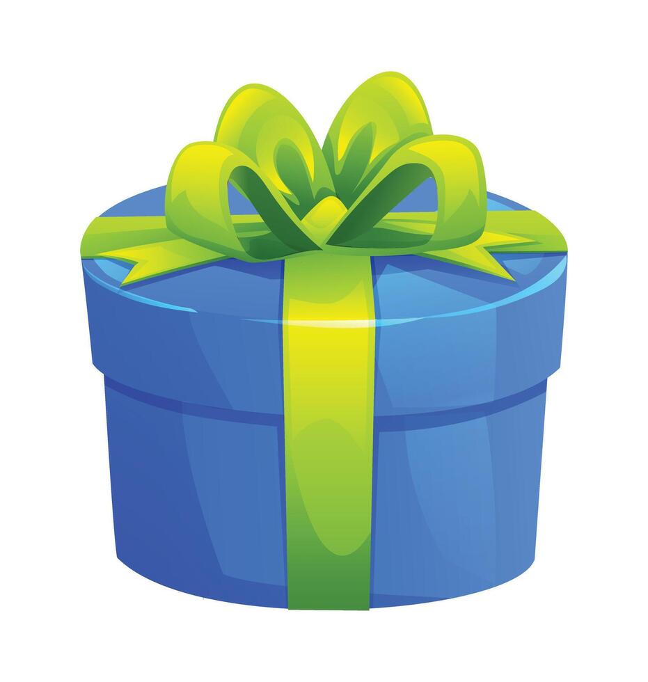 Round blue gift box with green bow and ribbon, ideal for holiday presents. Cartoon illustration vector