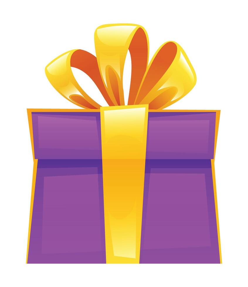 Purple gift box with a golden ribbon and bow. Cartoon illustration vector