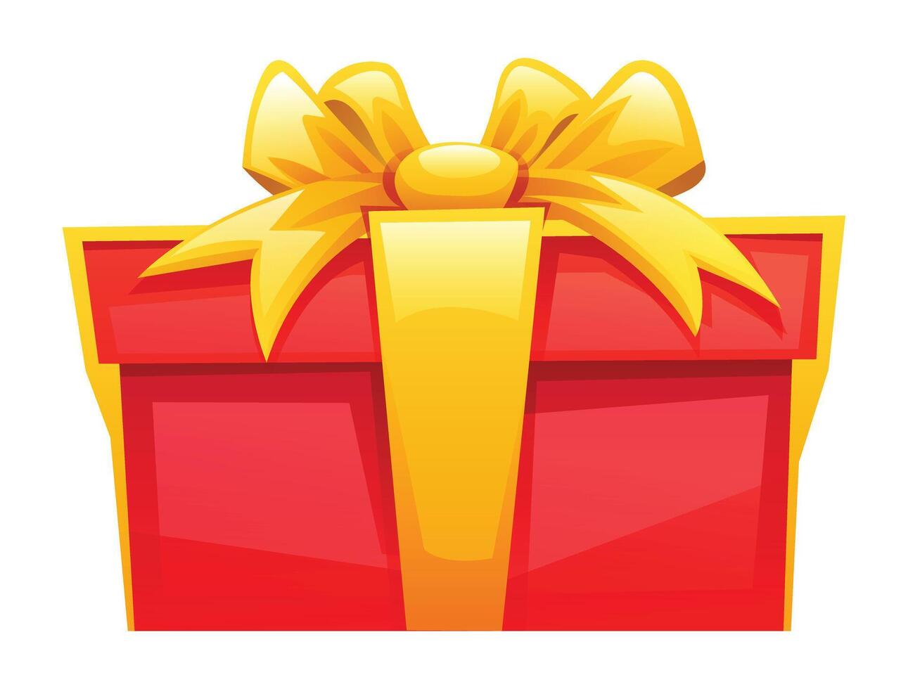 Red gift box adorned with golden ribbon and bow, ideal for holiday themes. Cartoon illustration vector