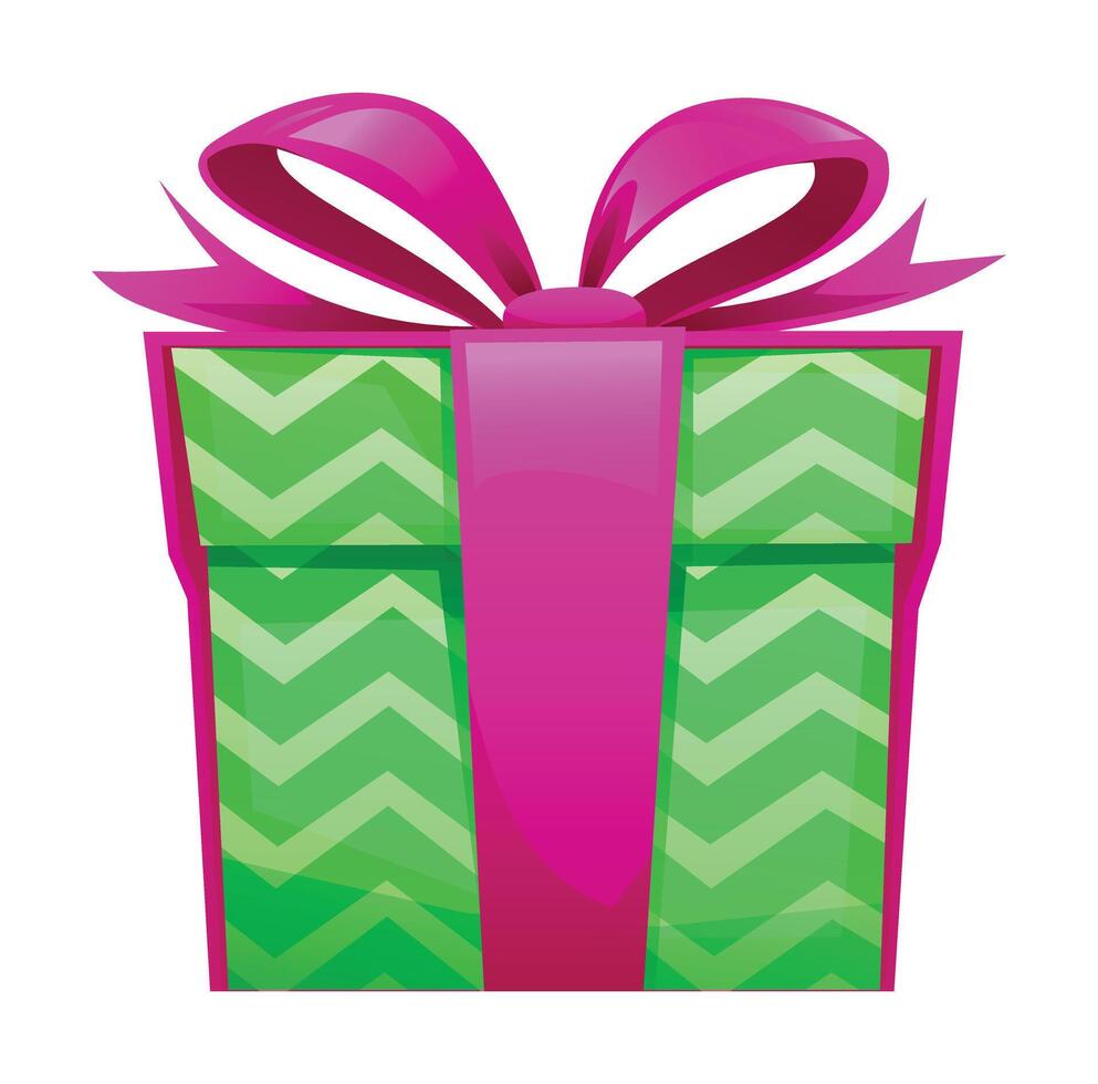 Green gift box with pink bow and zigzag pattern, playful design for festive themes. Cartoon illustration vector