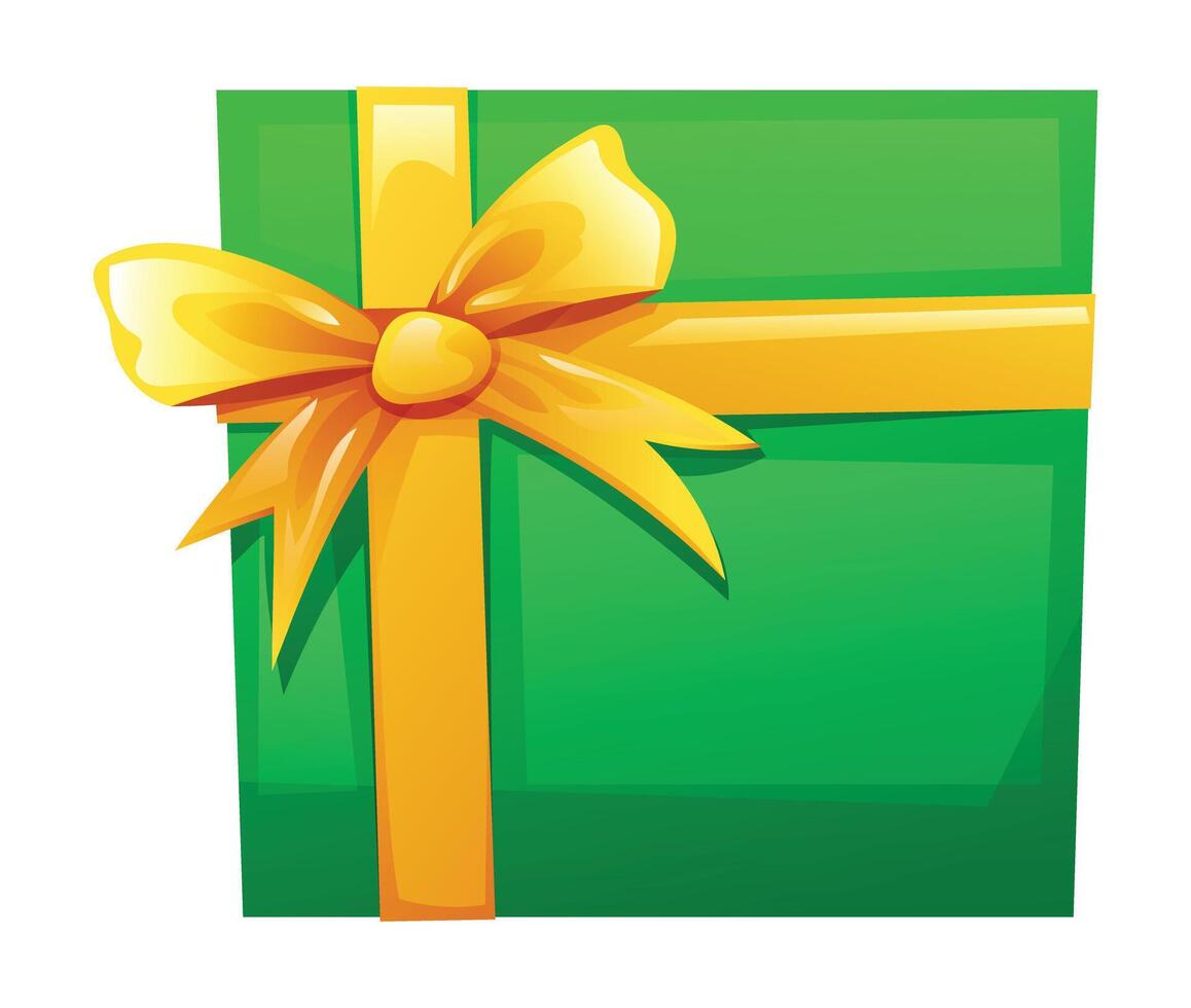 Green gift box with yellow bow and ribbon. Cartoon illustration vector