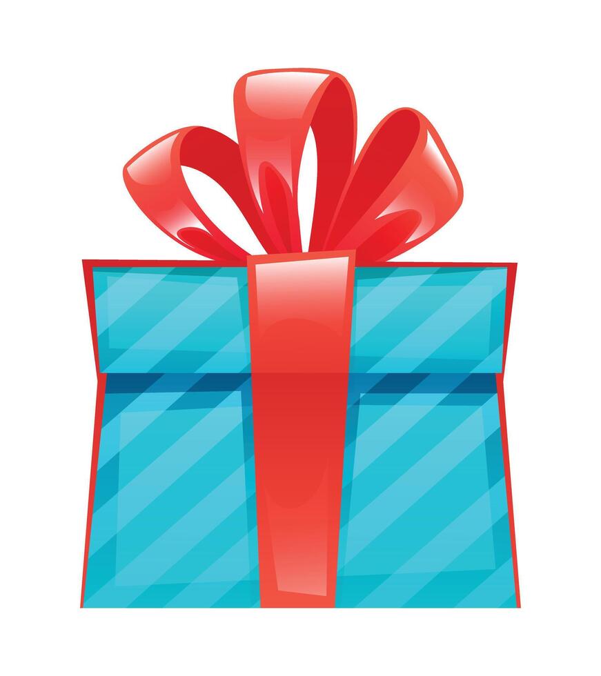 Blue gift box with red bow and ribbon, ideal for festive occasions. Cartoon illustration vector