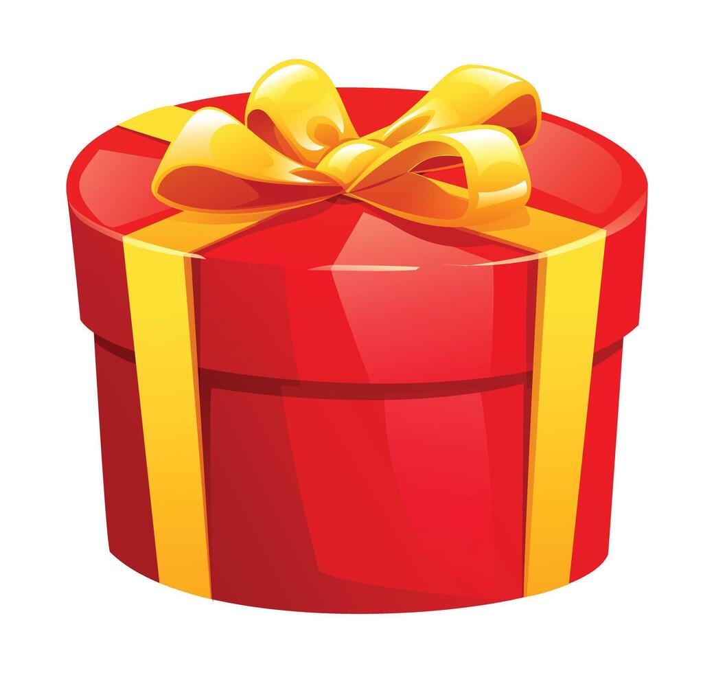 Round red gift box with yellow bow and ribbon, ideal for holiday presents. Cartoon illustration vector