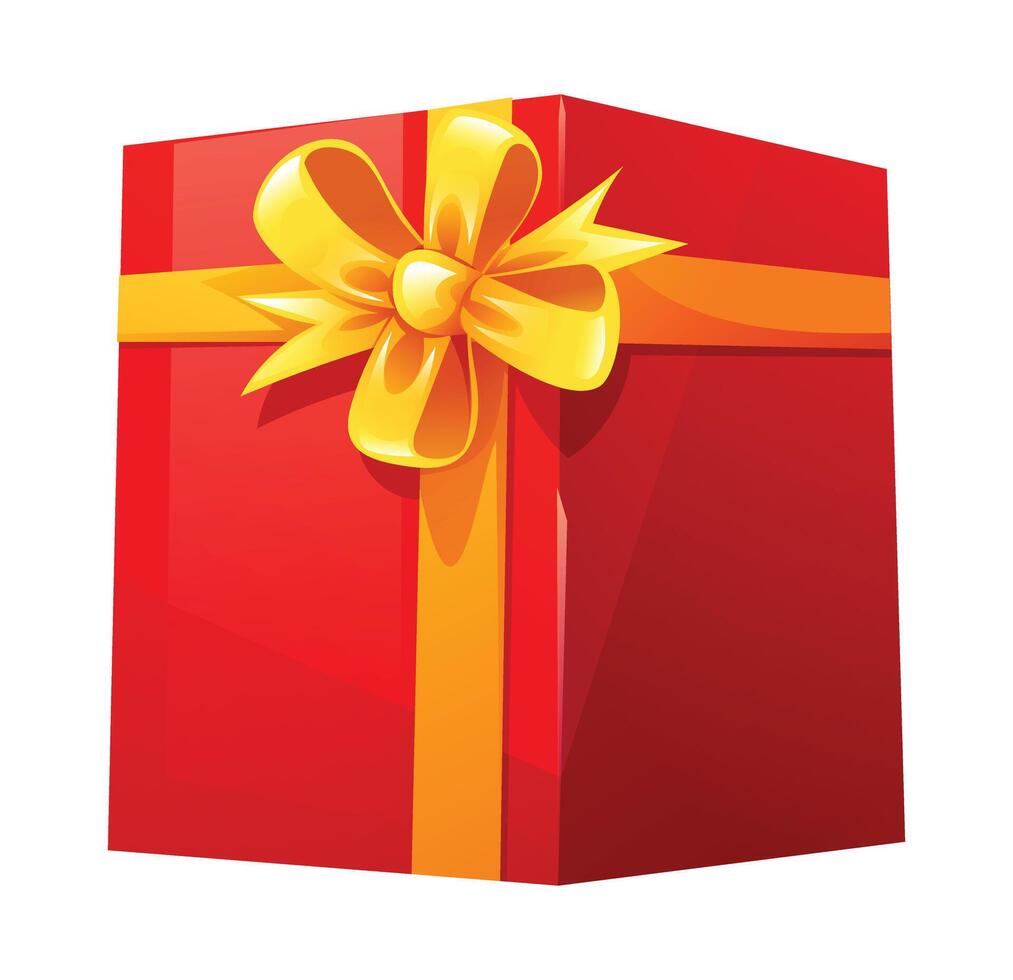 Red gift box with yellow ribbon and bow, ideal for holiday presents. Cartoon illustration vector