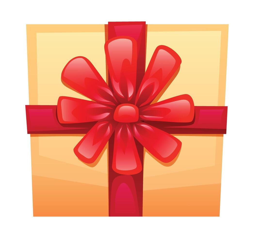 Beige gift box with red bow and ribbon. Cartoon illustration vector