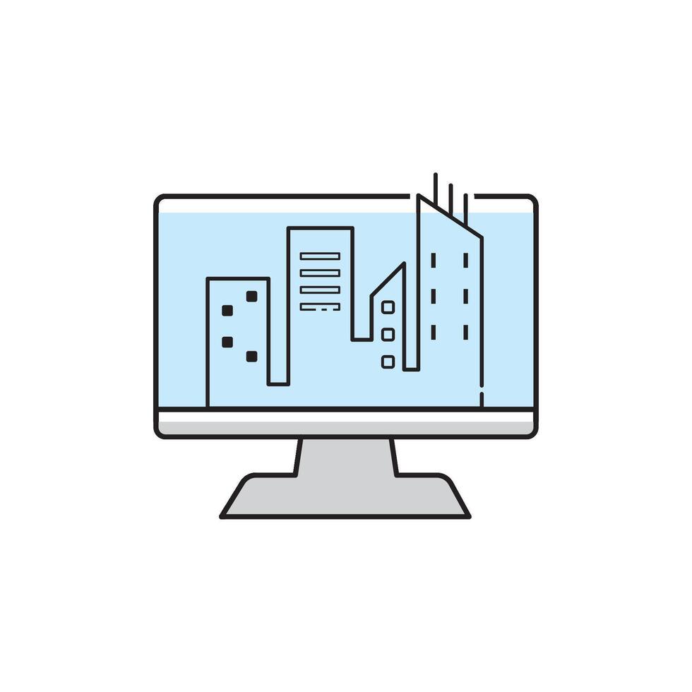 A computer monitor with a city skyline on it vector