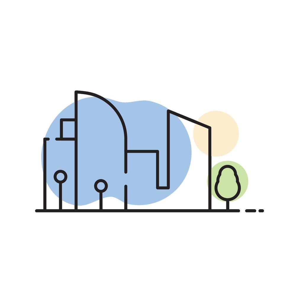 A line drawing of a building with trees and trees vector