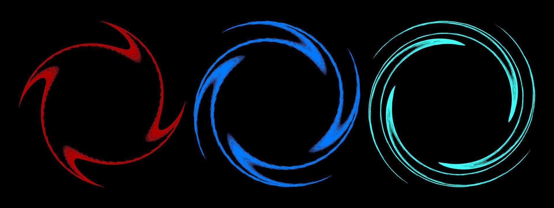 Three set of swirling circular shapes border frame. Vibrant red, blue, and turquoise colors. Spiral design with a sense of motion. Dynamic, energetic flow. Perfect for modern and creative projects. vector