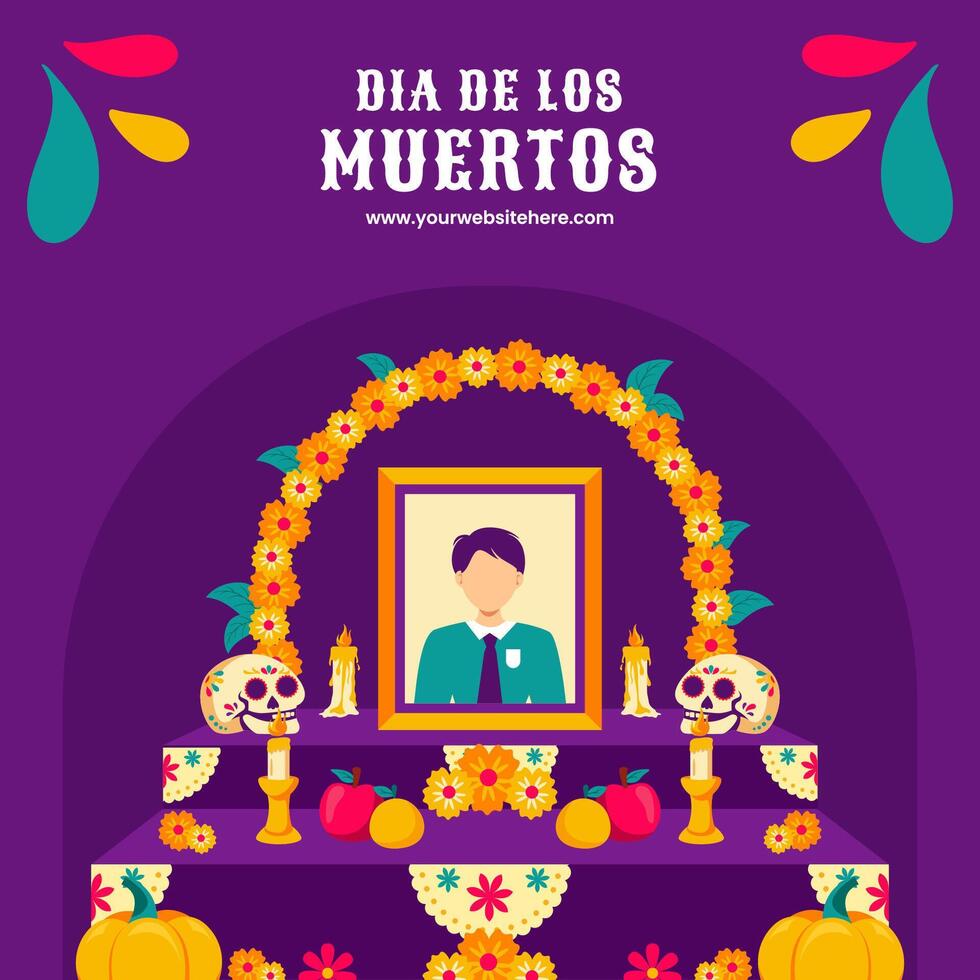 Dia de Los Muertos Festive Template for Social Media Background in Flat Hand Drawn Cartoon Style vector