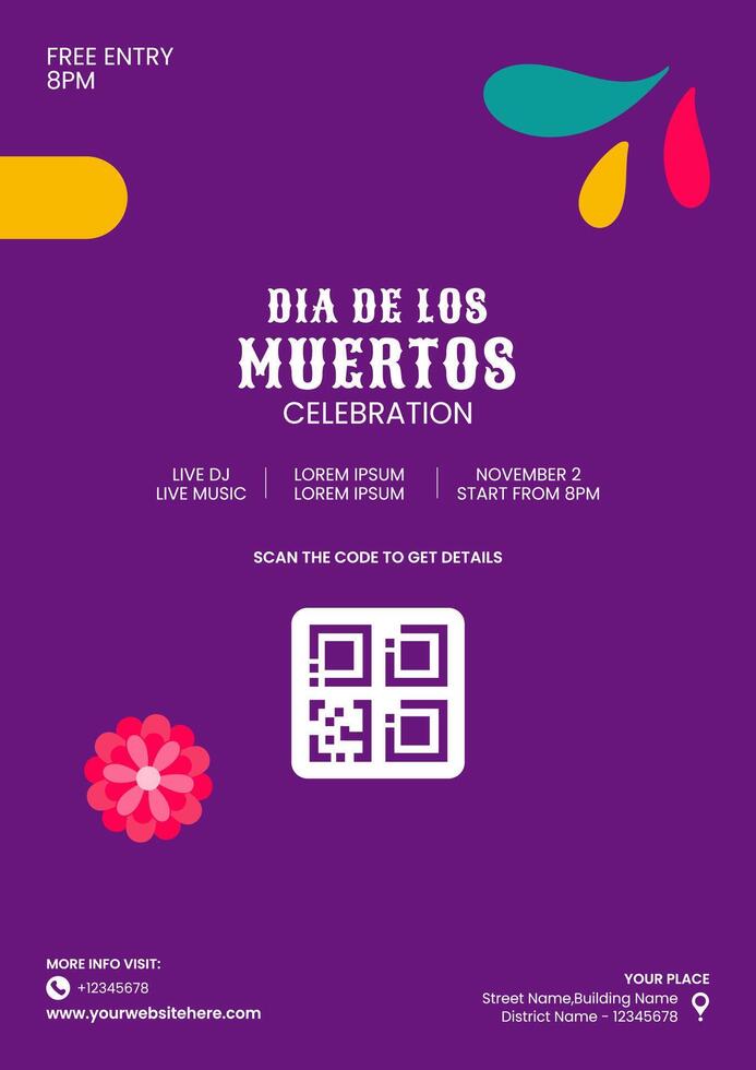 Flat Cartoon Style Dia de Los Muertos Flyer for Social Media with Festive Elements vector
