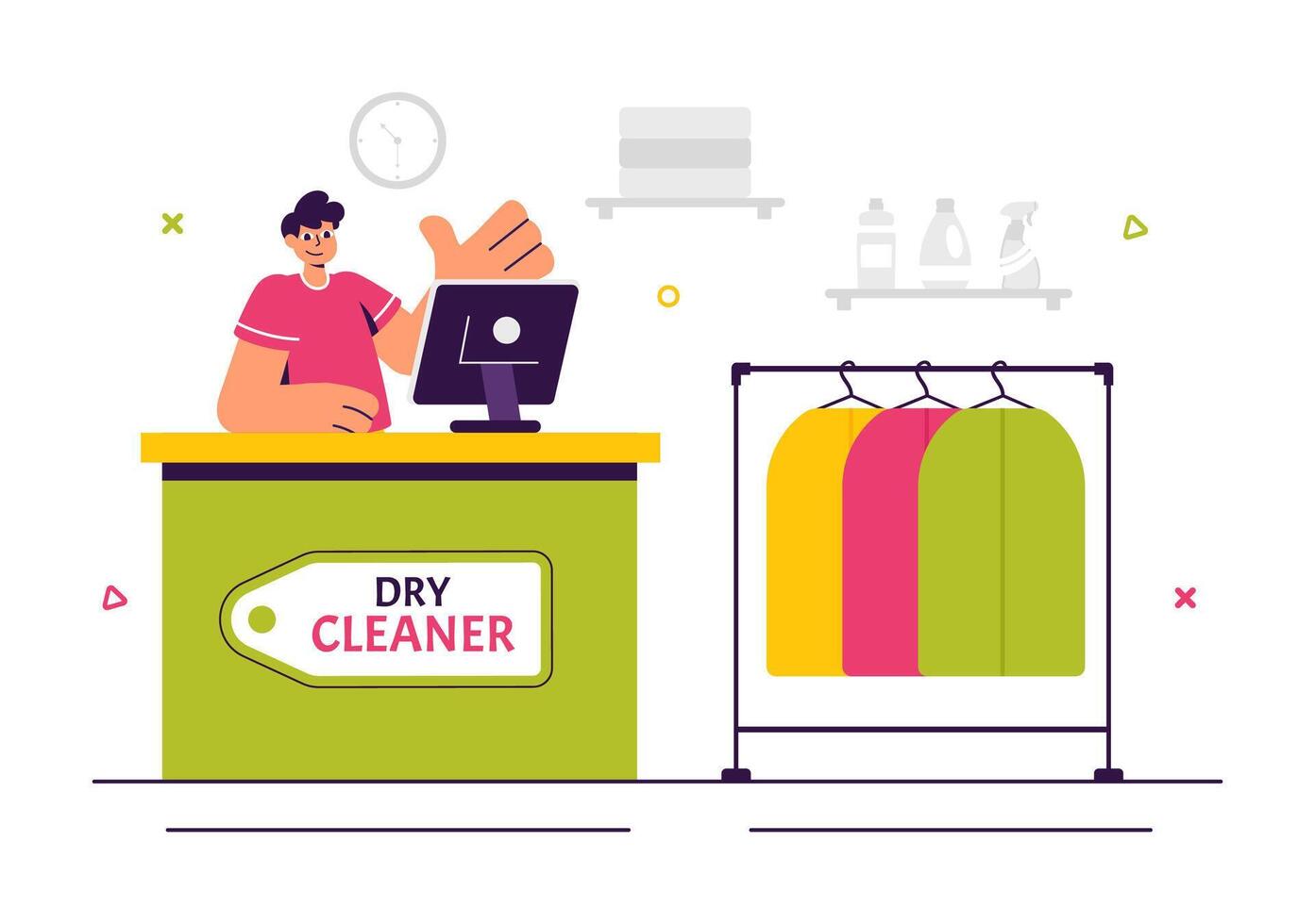 Laundry and Dry Cleaning Illustration with Washers and Clean Clothes in Cartoon Style vector