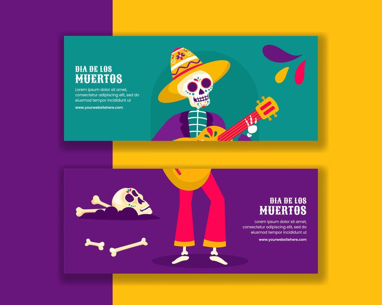 Dia de Los Muertos Festive Template for Horizontal Banner in Flat Hand Drawn Cartoon Style vector