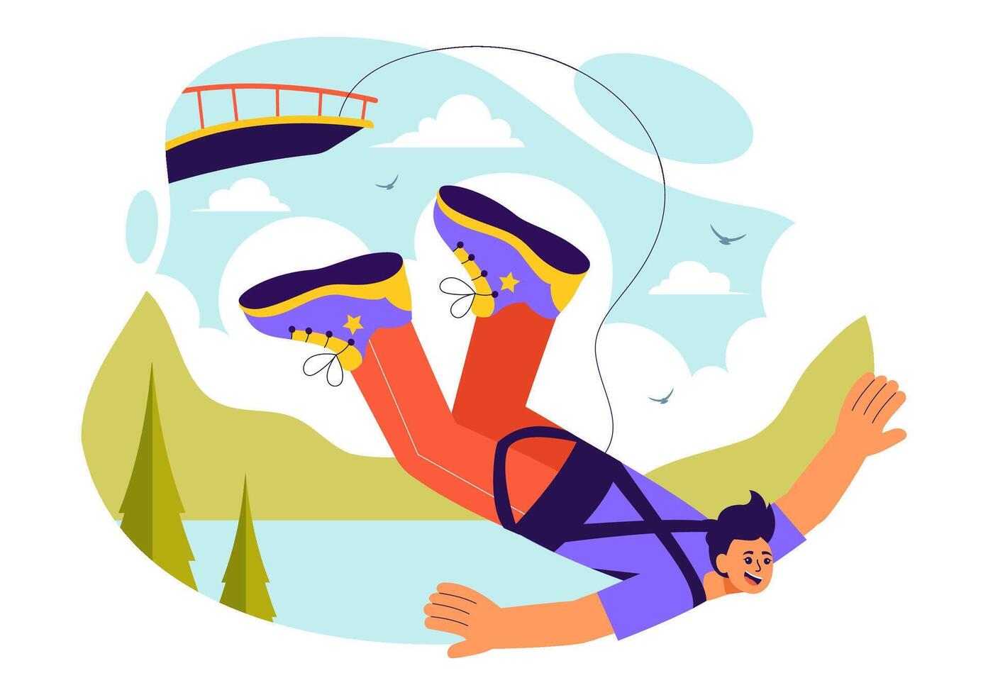 Adventure Bungee Jumping Illustration Featuring a Person Falling with Safety Cord in Flat Cartoon Design vector