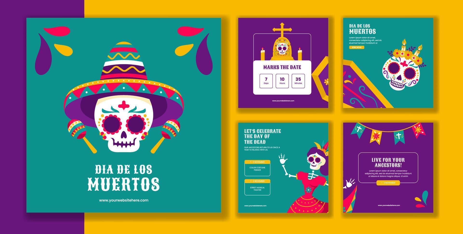 Dia de Los Muertos Celebration Post with Festive Cartoon Background for Social Media vector
