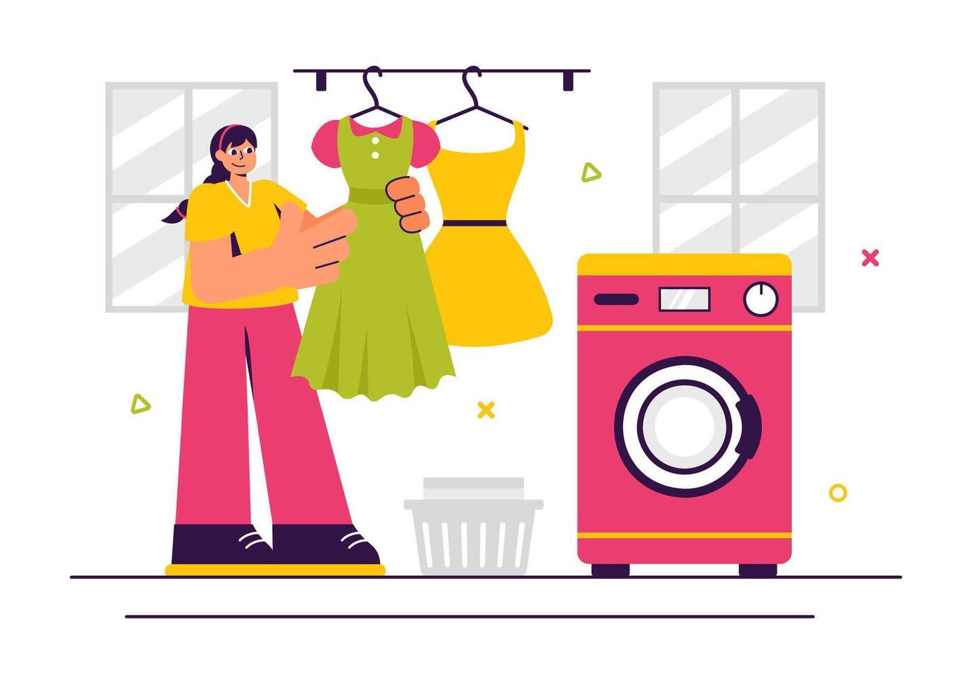 Illustration of a Laundry and Dry Cleaning Shop with Washing Machines and Clean Clothes vector