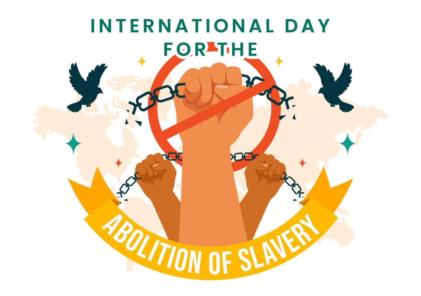 Abolition of Slavery Awareness Illustration with Pigeons, Chains, and Hands in Flat Style vector