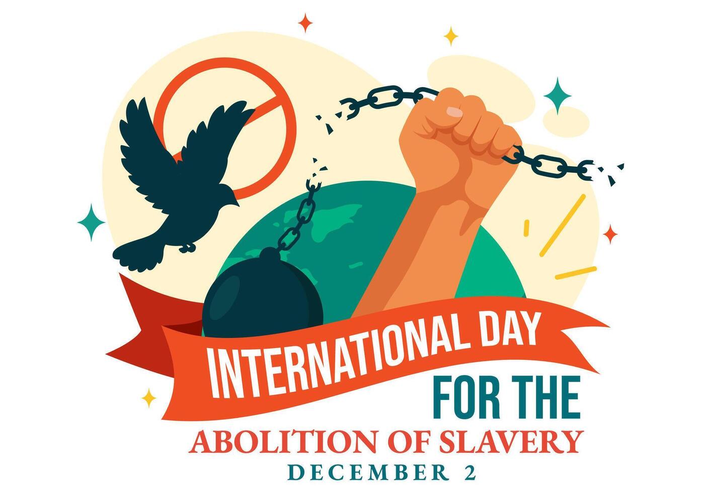 Global Day to End Slavery with Chains, Doves, and Open Hands on Flat Cartoon Background vector