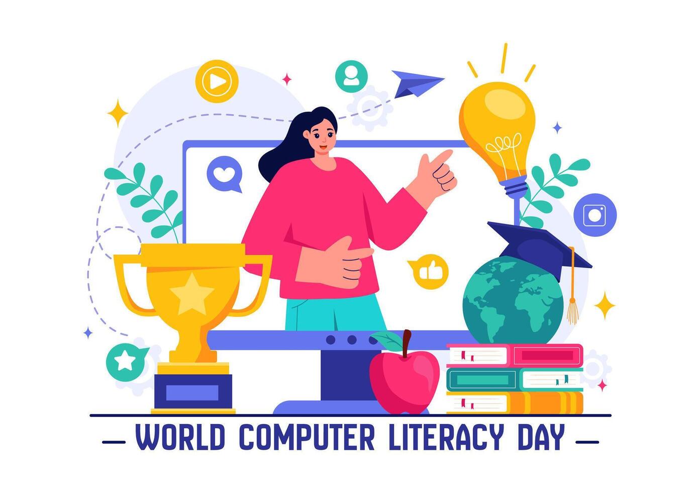 Educational for Computer Literacy Day with Books and Digital Gadgets in Flat Background vector