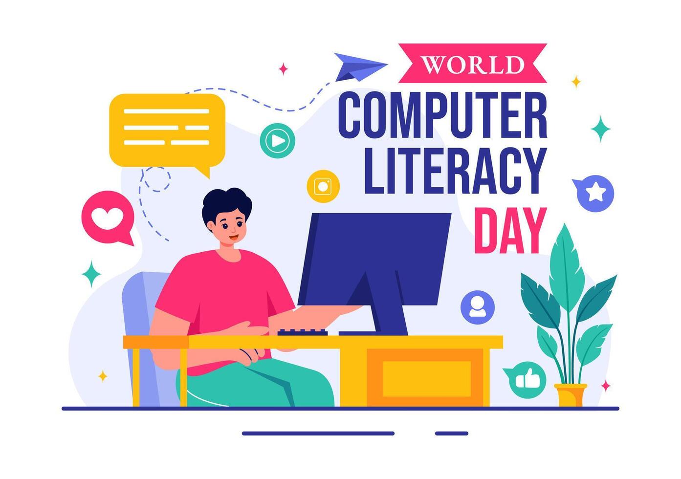 Digital Literacy Awareness Design on World Computer Literacy Day in Cartoon Flat Style vector
