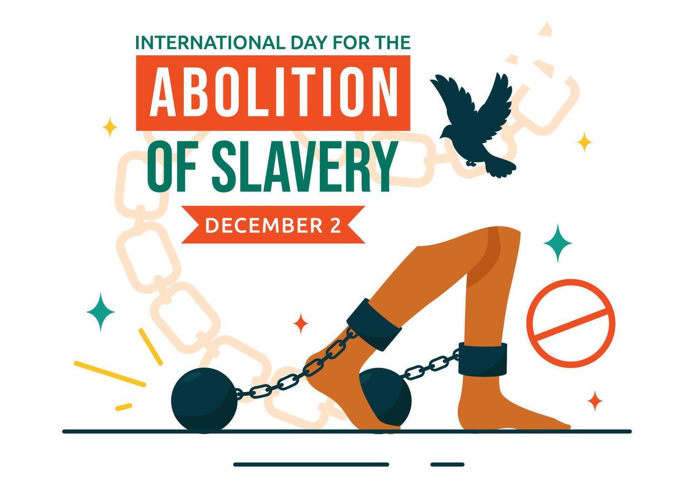 International Anti-Slavery Day Illustration with Chains, Hands, and Doves in a Cartoon Style Background vector