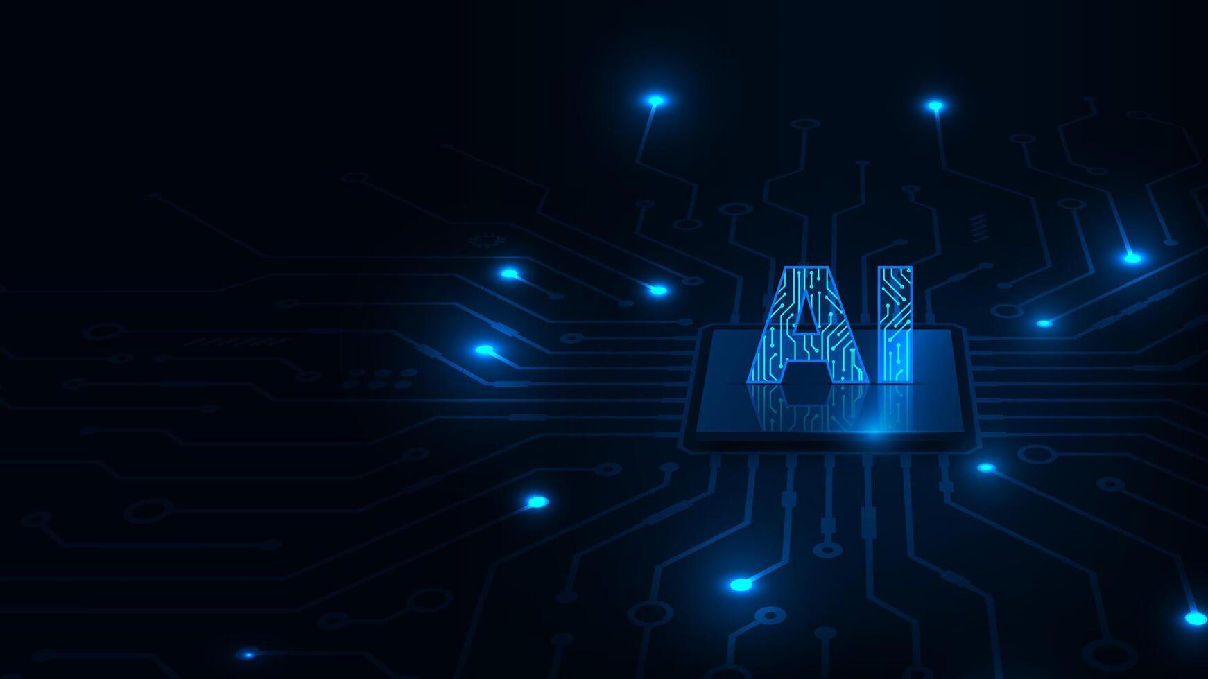 Perspective abstract technology chip processor with artficial intelligence, circuit board on blue background. vector