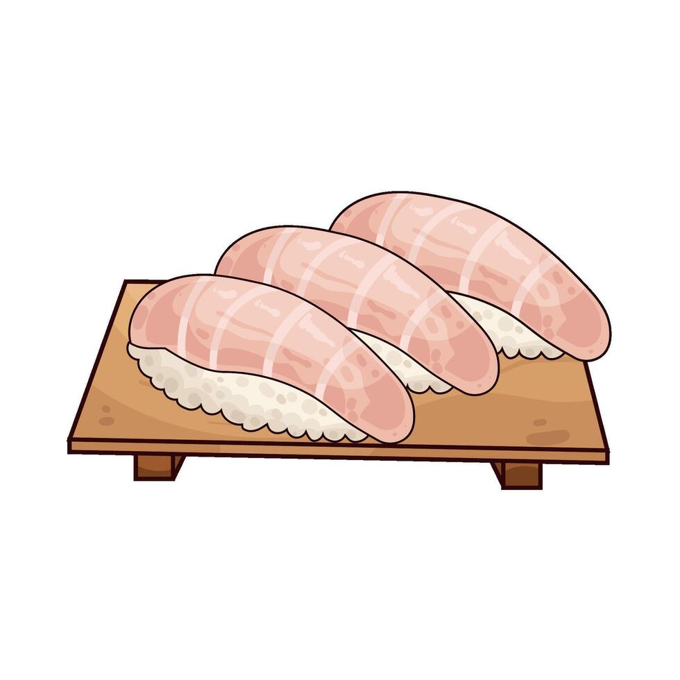 delicious fresh sushi won wooden plate vector