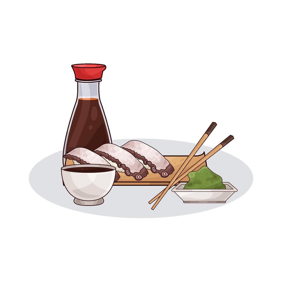 fresh octopus sushi with soy sauce vector