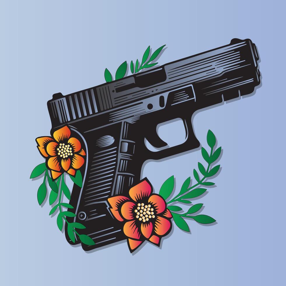 glock 17 gun with flowers vector