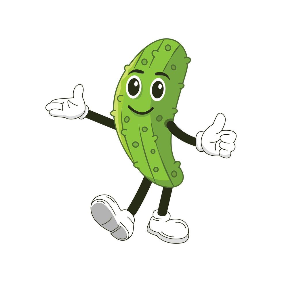 Pickle character with thumbs up and legs. Pickles cartoon mascot with thumb up hand and smiley face. Retro style, groovy style, vintage mascot, character food vector