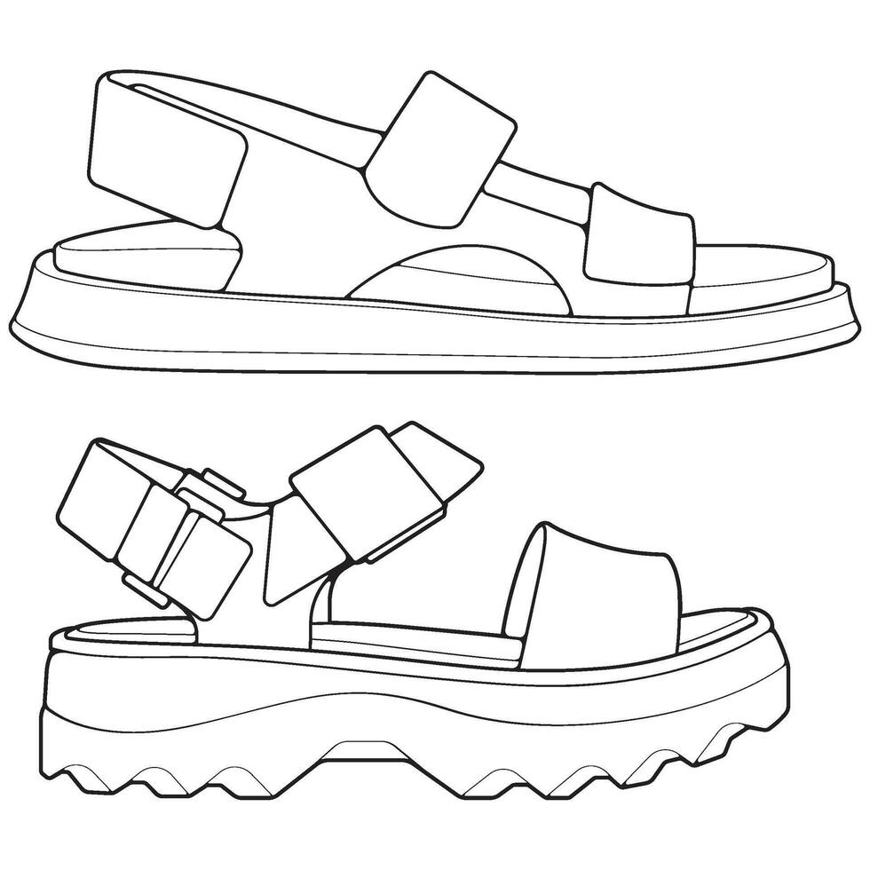 set of outline strap sandals. strap sandals outline drawing , strap sandals drawn in a sketch style, strap sandals trainers template outline. vector