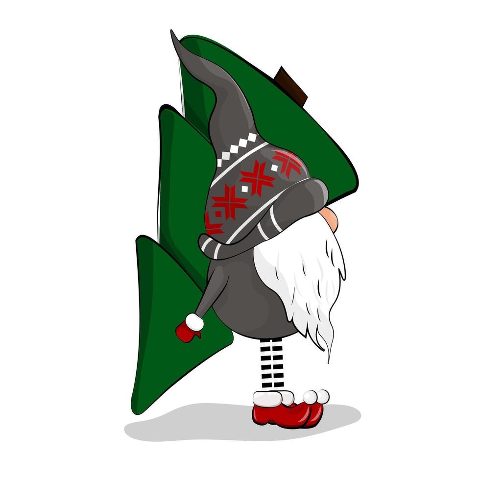 A Christmas gnome carries a Christmas tree. Cute festive gnome. A gray dwarf in red gloves and shoes. vector