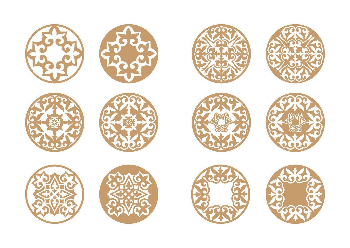 Asian Set of different gold ornaments isolated on a white background. National gold pattern of the ancient nomads. National Gold Asian decor for plate, textile, medallions, print design. vector