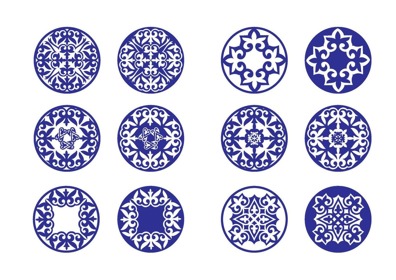 Asian Set of different blue with white ornaments. National pattern of the ancient nomads. National Asian decor for plate, medallions, print design. Round Frame, workpiece for your design. vector