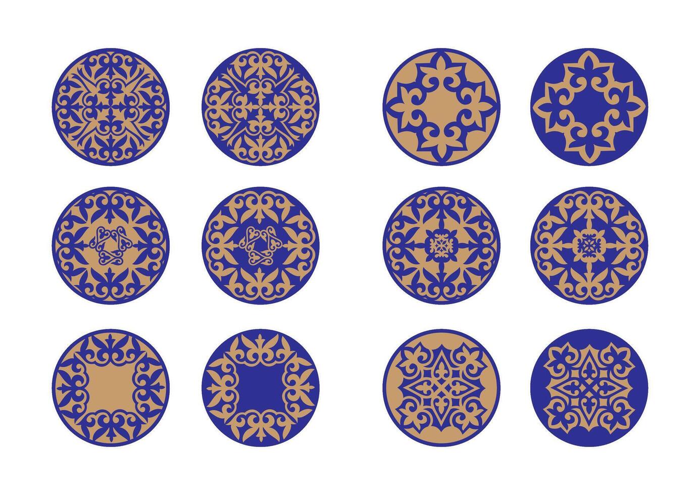 Asian Set of different golden with blue ornaments. National pattern of the ancient nomads. National Asian decor for medallions, plate, print design. Round Frame, workpiece for your design. vector
