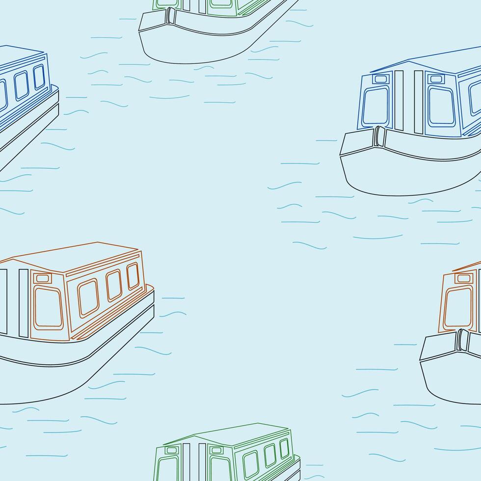 Editable Outline Three-Quarter Top Front Side Oblique View Canal Boat on Water Vectorized Illustration Seamless Pattern for Background of Transportation or Recreation of United Kingdom or Europe vector