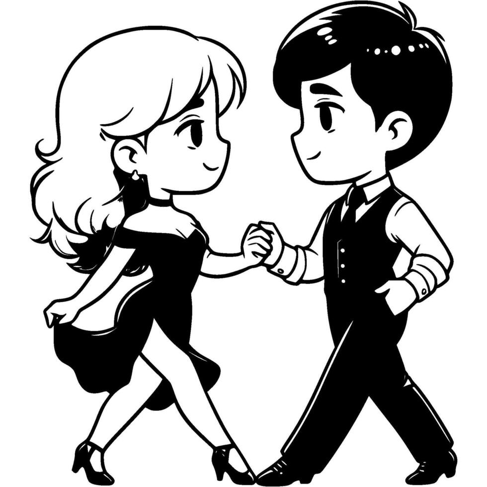 Boy and girl dancing at Latin dance competition in monochrome. Simple minimalistic image in black ink drawing on white background vector